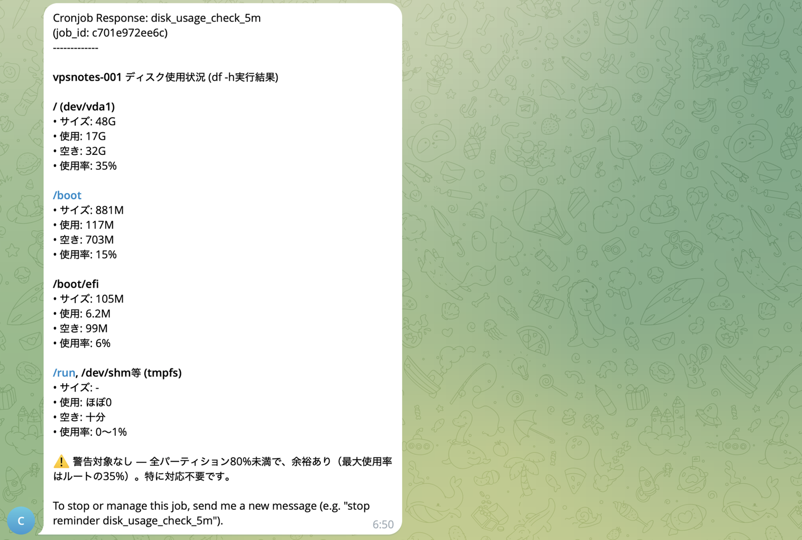 cron が実行され、df -h の結果がまとめられて Telegram に届いたところ