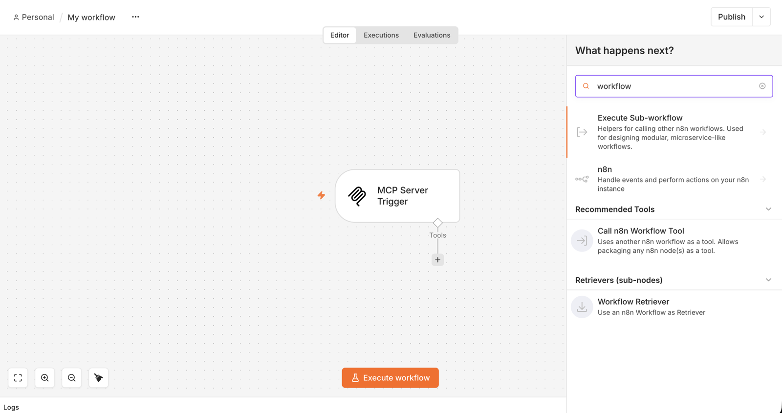 Tools の検索。Call n8n Workflow Tool を選ぶ