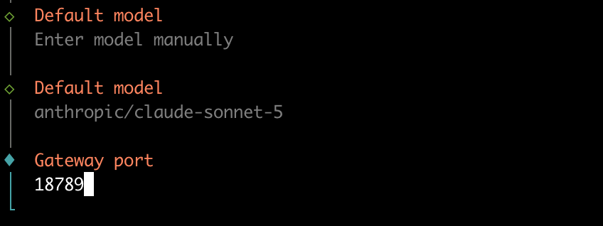 Default model に Enter model manually を選び、anthropic/claude-sonnet-5 と入力した後、Gateway port の 18789 を聞かれている画面