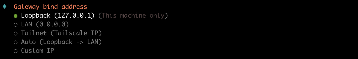 Gateway bind address。Loopback (127.0.0.1) が既定で、LAN (0.0.0.0)、Tailnet (Tailscale IP)、Auto、Custom IP がある