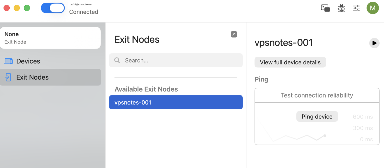 Mac の Tailscale アプリ。Exit Nodes で vpsnotes-001 を選ぶ