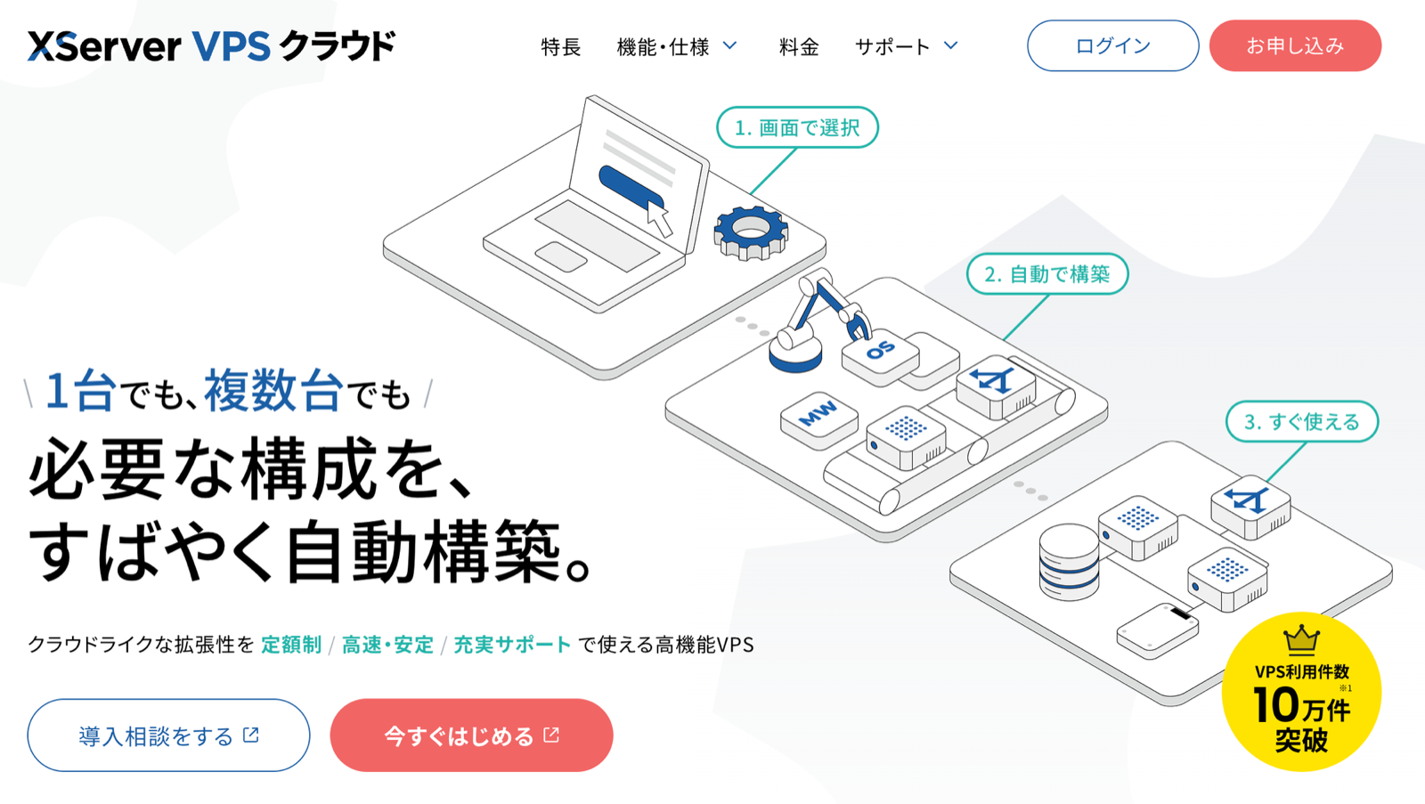 XServer VPS クラウドのトップページ。右上に「お申し込み」ボタン
